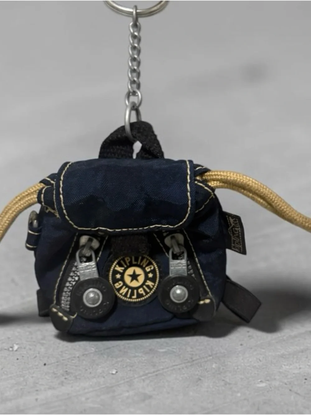 Vintage Kipling Mini Backpack Key Chain Blue/Beige Nylon Metal Logo Zipper Women